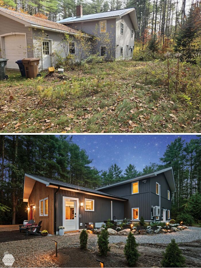 Before and after home renovations showing an old, overgrown house transformed into a modern, stylish residence with updated landscaping.