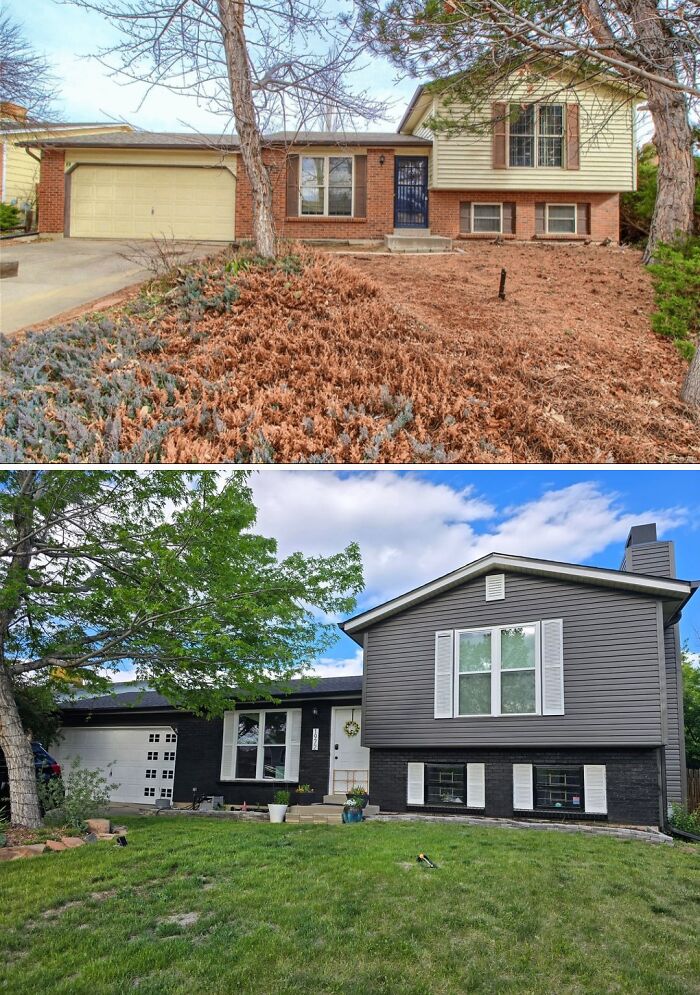 Before and after exterior home renovations with new siding and landscaping, inspiring home renovation projects.