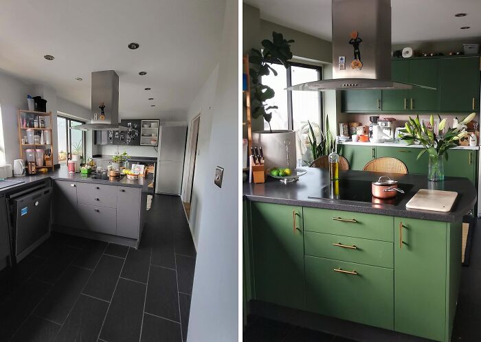 Before and after kitchen renovations with green cabinets and stainless steel appliances, inspiring home makeovers.