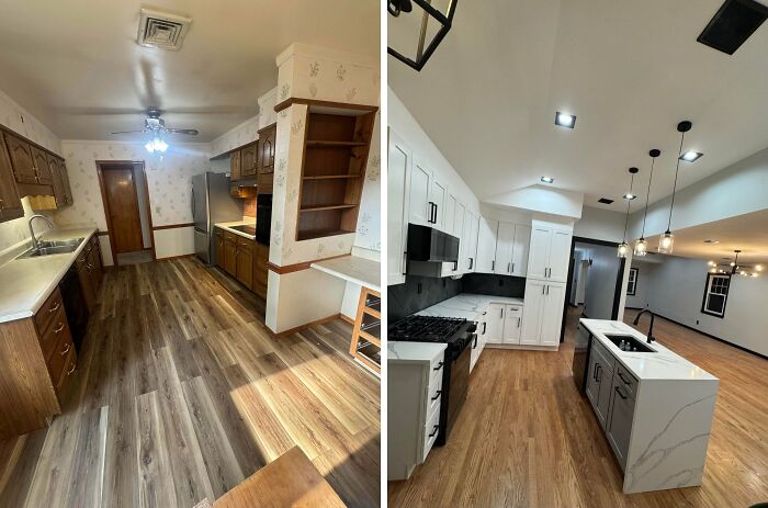Before and after kitchen renovations with new island and white cabinets, inspiring home makeovers.