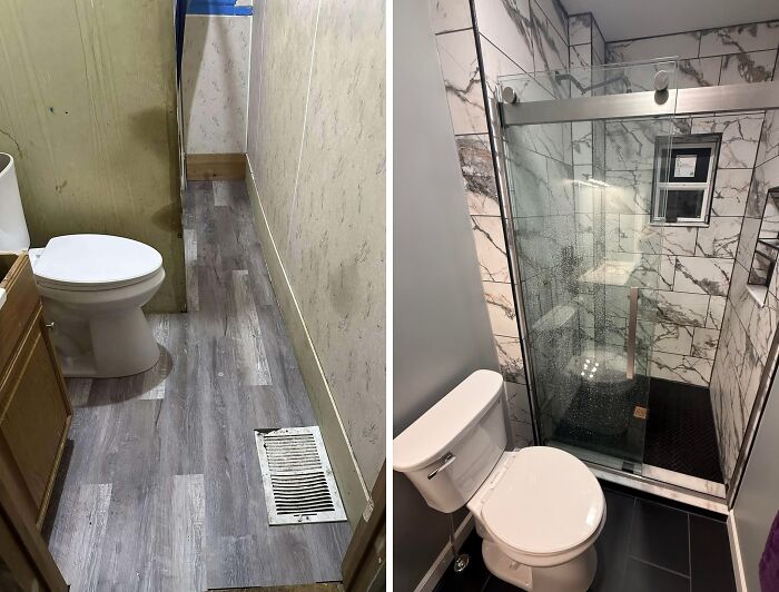 Before and after bathroom renovations with marble shower and dark flooring, inspiring cool renovations.