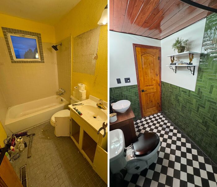 Before and after bathroom renovations with green tiles and checkered floor inspiring home renovation projects.