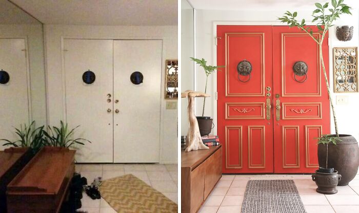 Home renovation of an entryway, featuring a striking before and after of a red double door transformation.