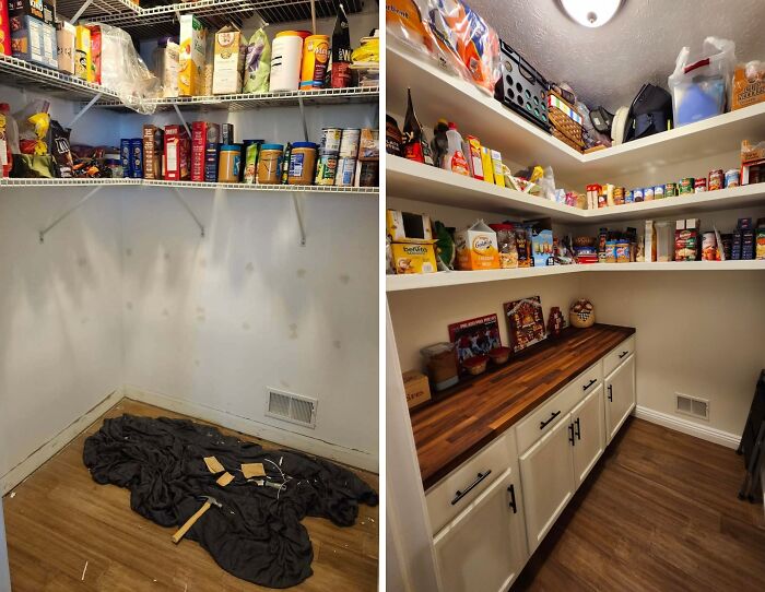 Before and after home renovation of a pantry, showing new cabinets, countertops, and organized shelves.