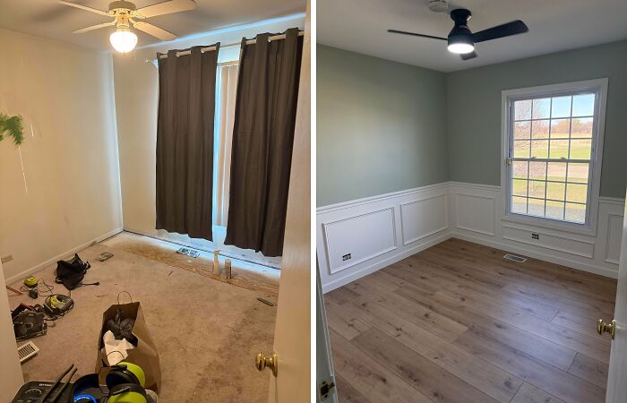 Before and after home renovation of a bedroom, featuring new flooring, wall paneling, and a modern ceiling fan.