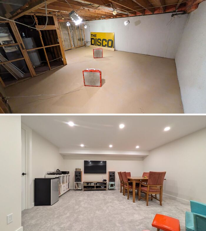 Before and after home renovation of a basement, transformed into a cozy entertainment area with new flooring and lighting.