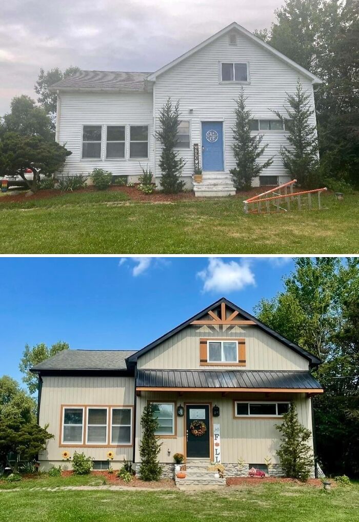 Before and after home renovation of a house exterior, showcasing a refreshed facade, new siding, and updated windows.