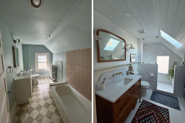 Before and after home renovation of an attic bathroom, displaying a bright, modern space with new fixtures and a skylight.