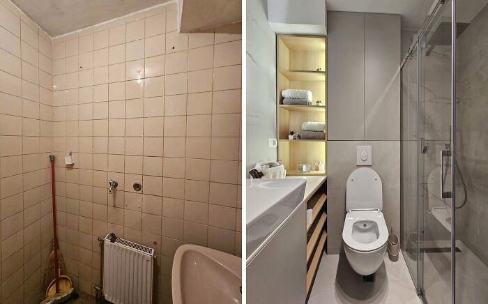 Cool home renovation of a small bathroom with beige tiles transformed into a modern space.
