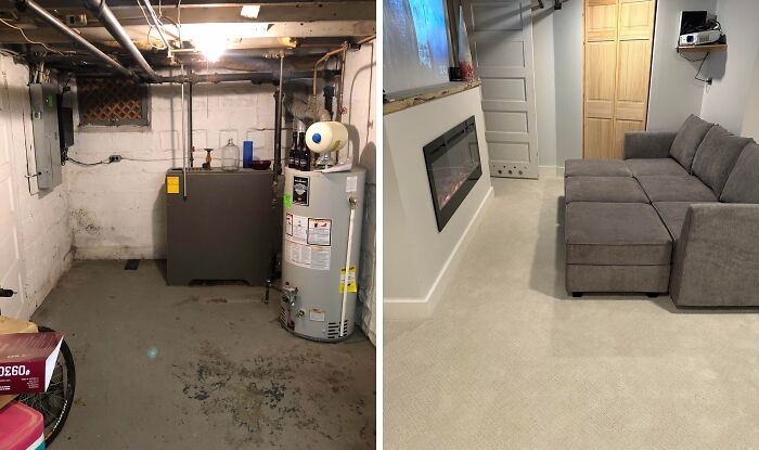 Before and after home renovation of a basement, transformed into a modern living space.
