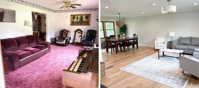 Living room home renovation, before and after, with new hardwood floors and updated decor.