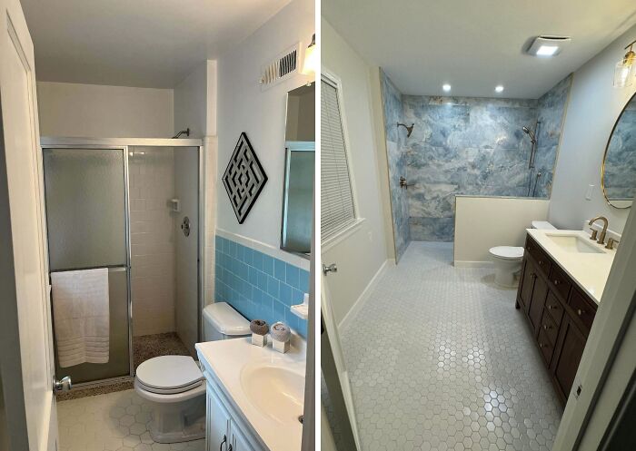 Home renovation of a bathroom, showcasing a before and after transformation with a new shower.