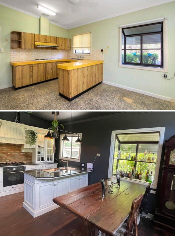 Before and after home renovation of a kitchen with dark walls and modern fixtures.