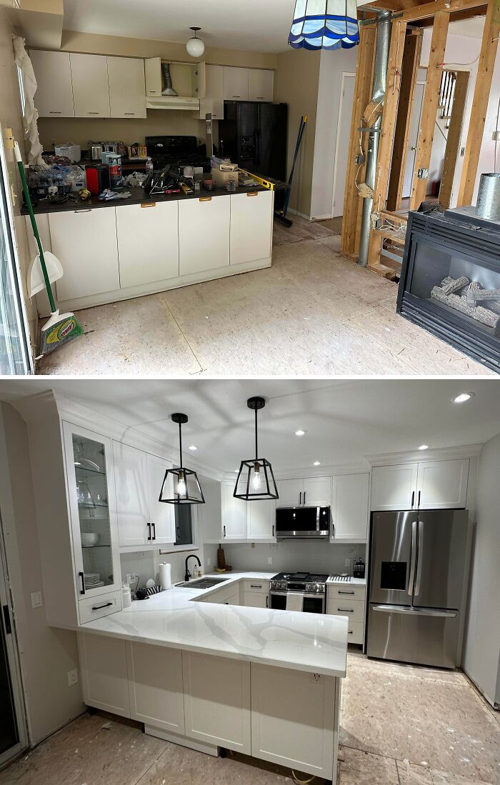Kitchen renovations showcasing a bright, open space with new appliances and marble countertops for home redo.