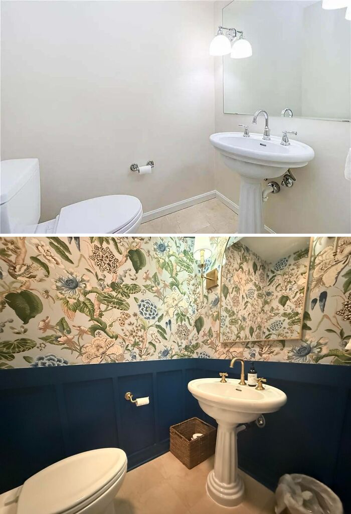 Bathroom renovations with new floral wallpaper and wainscoting inspire home makeovers.