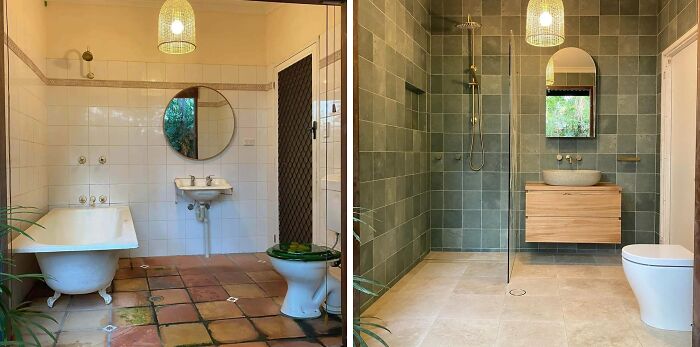 A before-and-after comparison of a bathroom renovation, upgrading a dated space into a sleek, contemporary shower room.