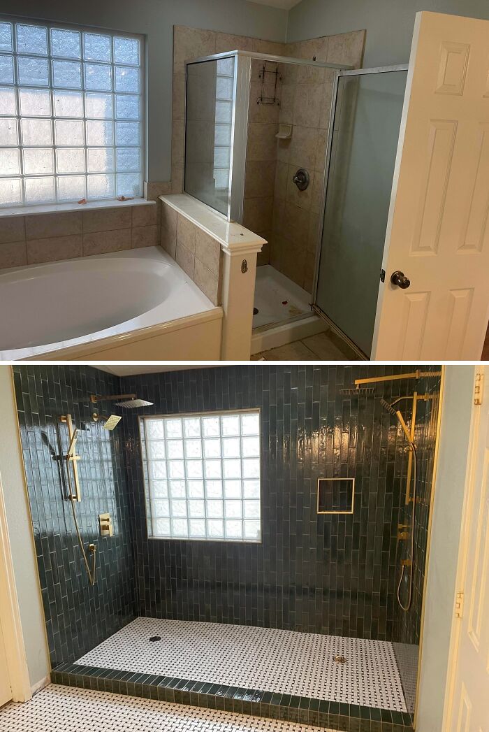A before-and-after look at a bathroom renovation, turning an old tub and shower into a stylish, dark-tiled modern shower.