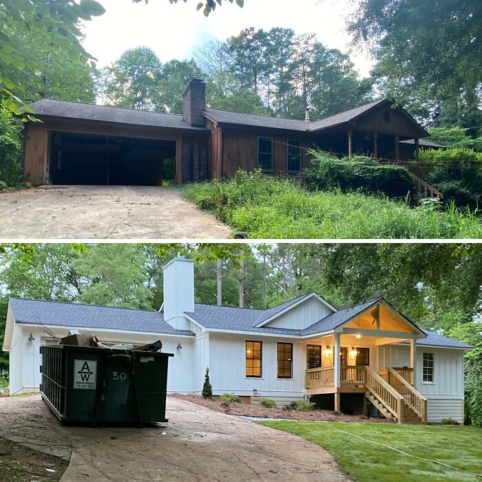 A before-and-after image of a home renovation, showing a run-down house transformed into a beautifully updated residence.