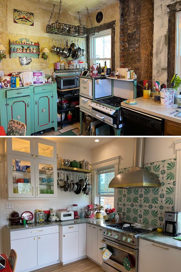 A before-and-after of a kitchen renovation, transforming a cluttered, aged space into a bright, modern cooking area.