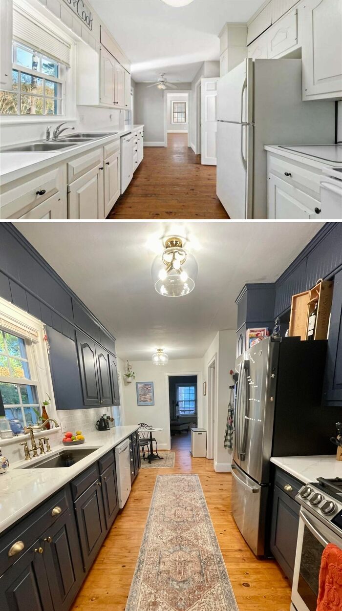 Cool home renovations displaying a galley kitchen transformation. The original kitchen is white and bright, updated with dark blue cabinets and a patterned runner.