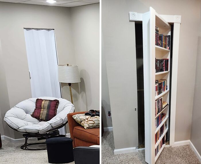 Inspiring home renovations revealing a hidden bookshelf door. Before, a plain wall; after, a secret entrance disguised as a bookshelf.