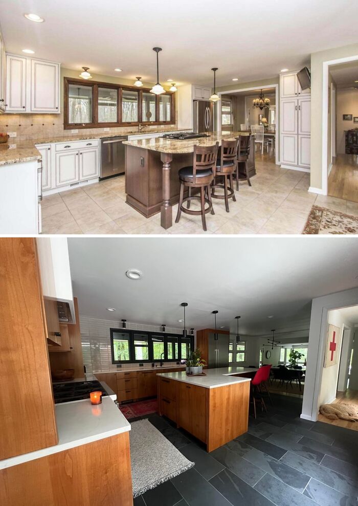 Kitchen renovations showcasing a before-and-after view. The original kitchen has light cabinets and an island, updated with wood cabinetry and darker flooring.