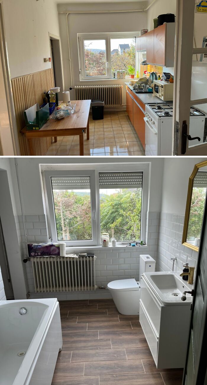 Home renovations featuring a before-and-after of a kitchen and bathroom. The kitchen shows a simple setup, while the bathroom is tidy with a large window.