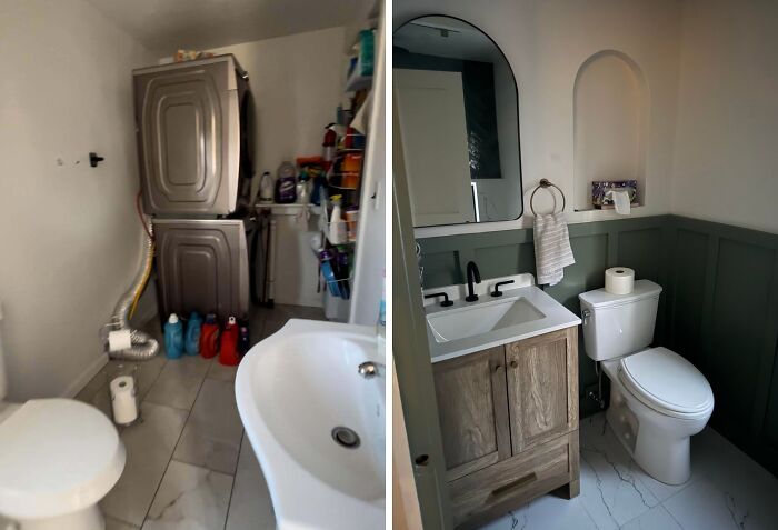 Bathroom renovations before and after, showing a cramped laundry/bathroom transforming into a modern, organized space.