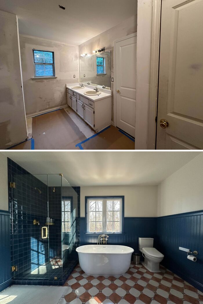 A before and after image showing a bathroom renovation, from a plain room with a double vanity to a luxurious bathroom with a freestanding tub and a tiled shower. This renovation might inspire you to redo your home.