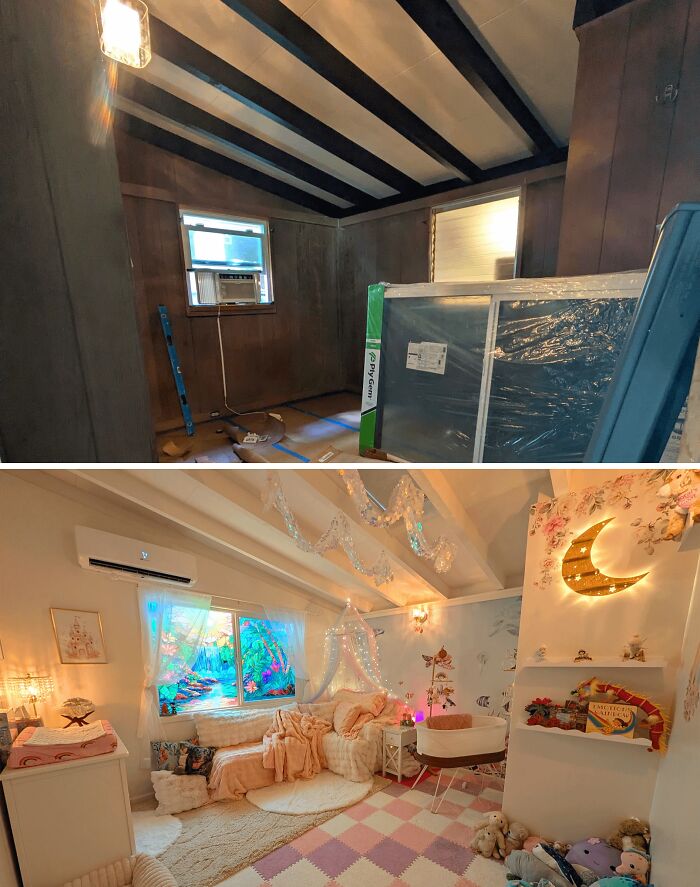 A before and after image showing a room renovation, from a rustic room with exposed beams to a whimsical child's room with pastel decor and a crescent moon light. This renovation might inspire you to redo your home.