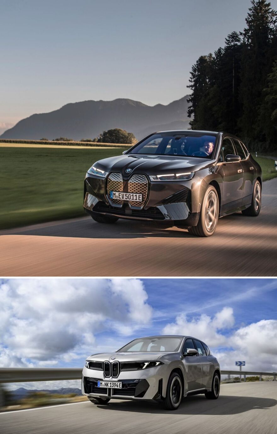 Two BMW cars, a dark one and a silver one, on roads with mountains and clouds in the background, legendary ugly cars