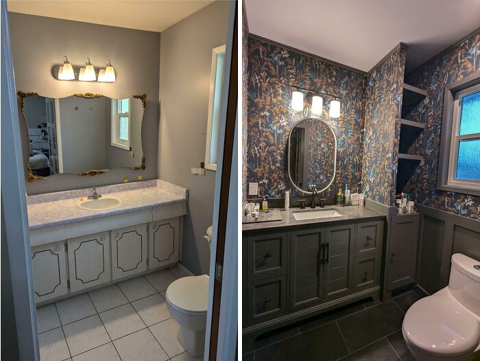 A before and after image showing a bathroom renovation, transforming an outdated bathroom with white tile and a simple vanity into a modern space with patterned wallpaper and a dark vanity. This renovation might inspire you to redo your home.