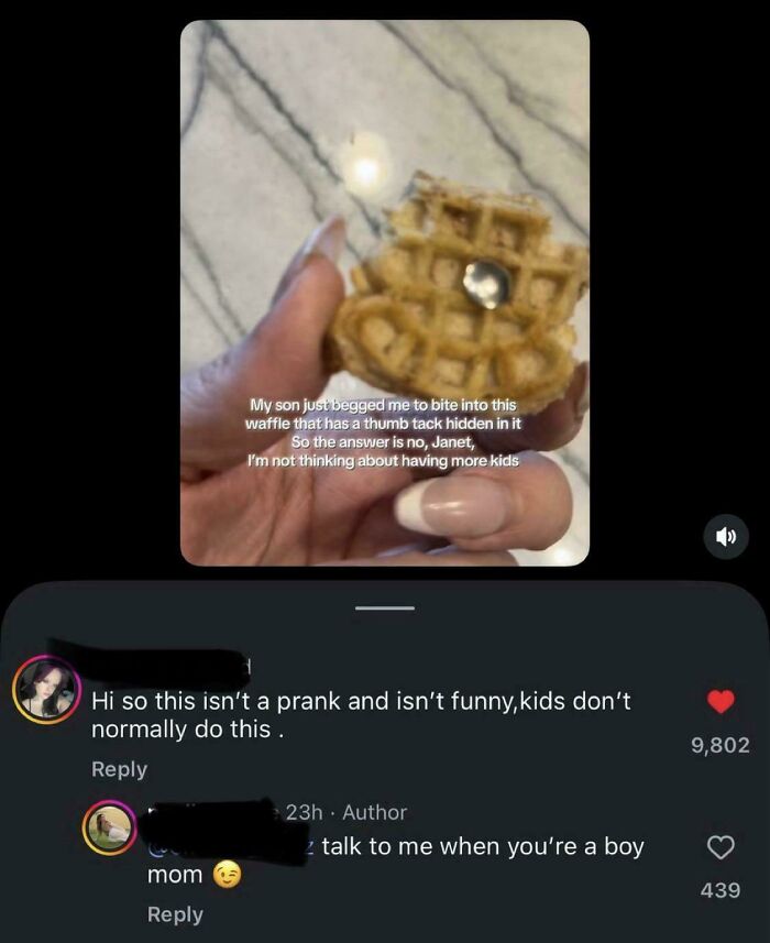 A hand holding a waffle with a thumb tack, illustrating a moment of basic human decency.