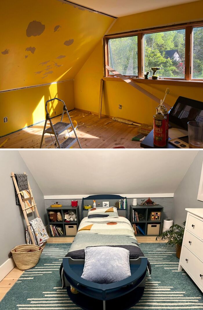 A before and after image showing a bedroom renovation, with the room transforming from a messy yellow space to a child's bedroom with a boat-shaped bed. This renovation might inspire you to redo your home.