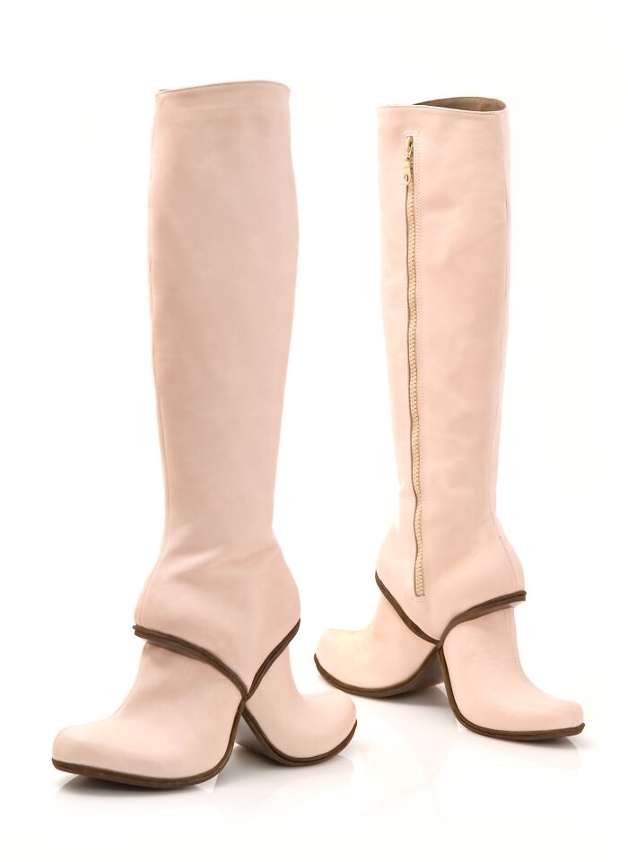 Creative and imaginative beige knee-high boots with unique heels by Kobi Levi.