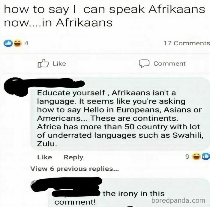 A social media post with a person making a self-burn by confusing Afrikaans with a continent.