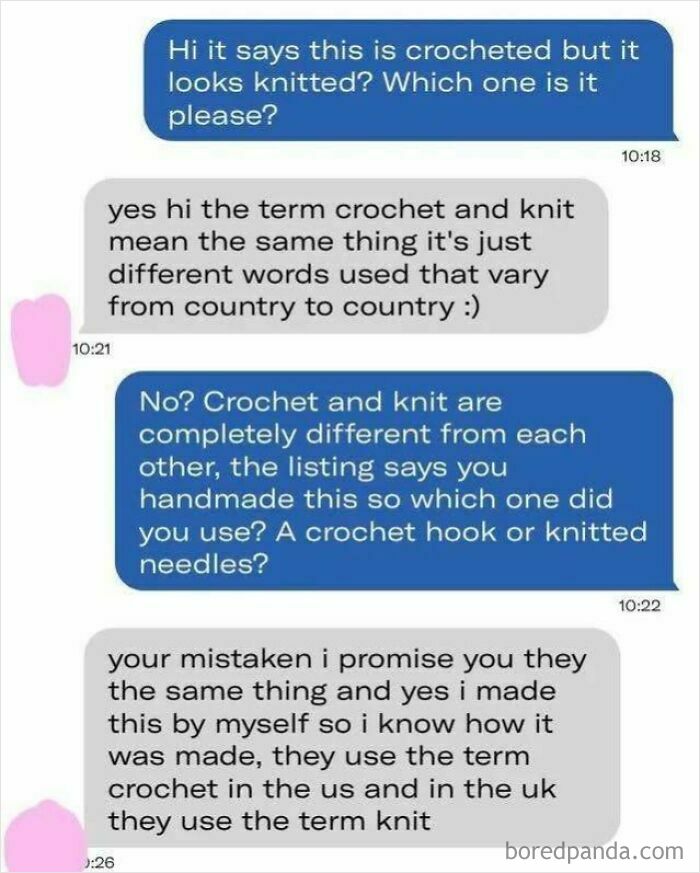 A text conversation showing an iconic self-burn where someone argues crochet and knit are the same.