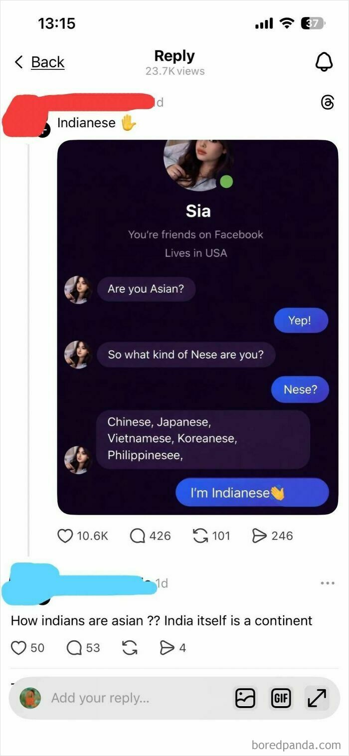 A text conversation where someone identifies as Indianese, leading to an iconic self-burn.