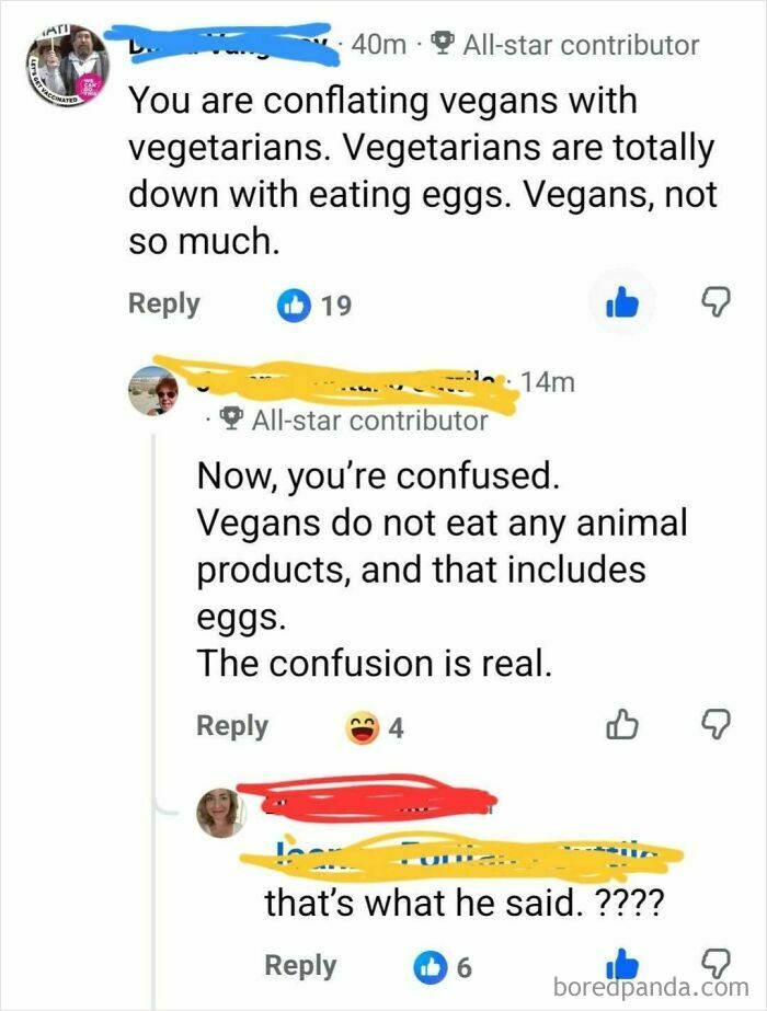 A social media comment thread displaying an iconic self-burn about the difference between vegans and vegetarians.