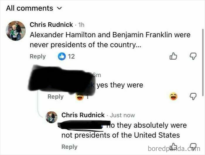 A social media thread about iconic self-burns with a person incorrectly stating Alexander Hamilton and Benjamin Franklin were presidents.