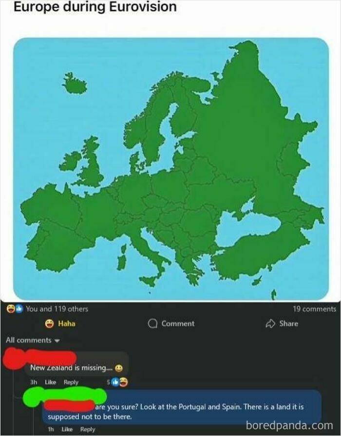 A map of Europe during Eurovision, with comments mistaking New Zealand for a missing country, an iconic self-burn.