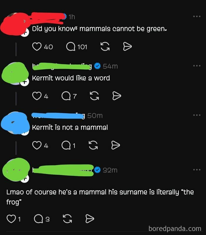 A social media discussion about green mammals and Kermit, highlighting self-burns and misunderstandings.