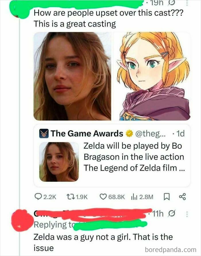 A social media post with an iconic self-burn where a user wrongly claims Zelda is a guy, not a girl.