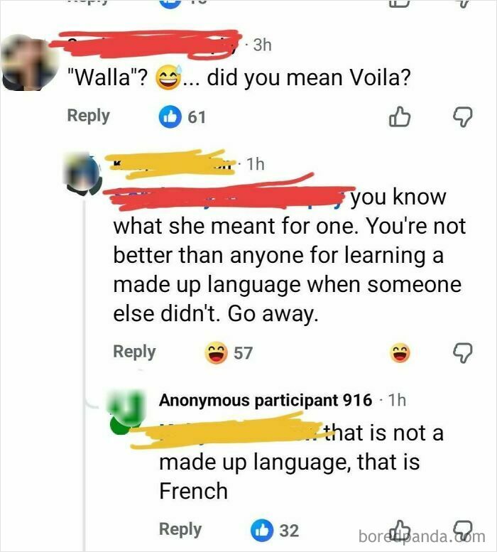 A social media screenshot showing an iconic self-burn conversation about language, with one user correcting another on the word Voila.