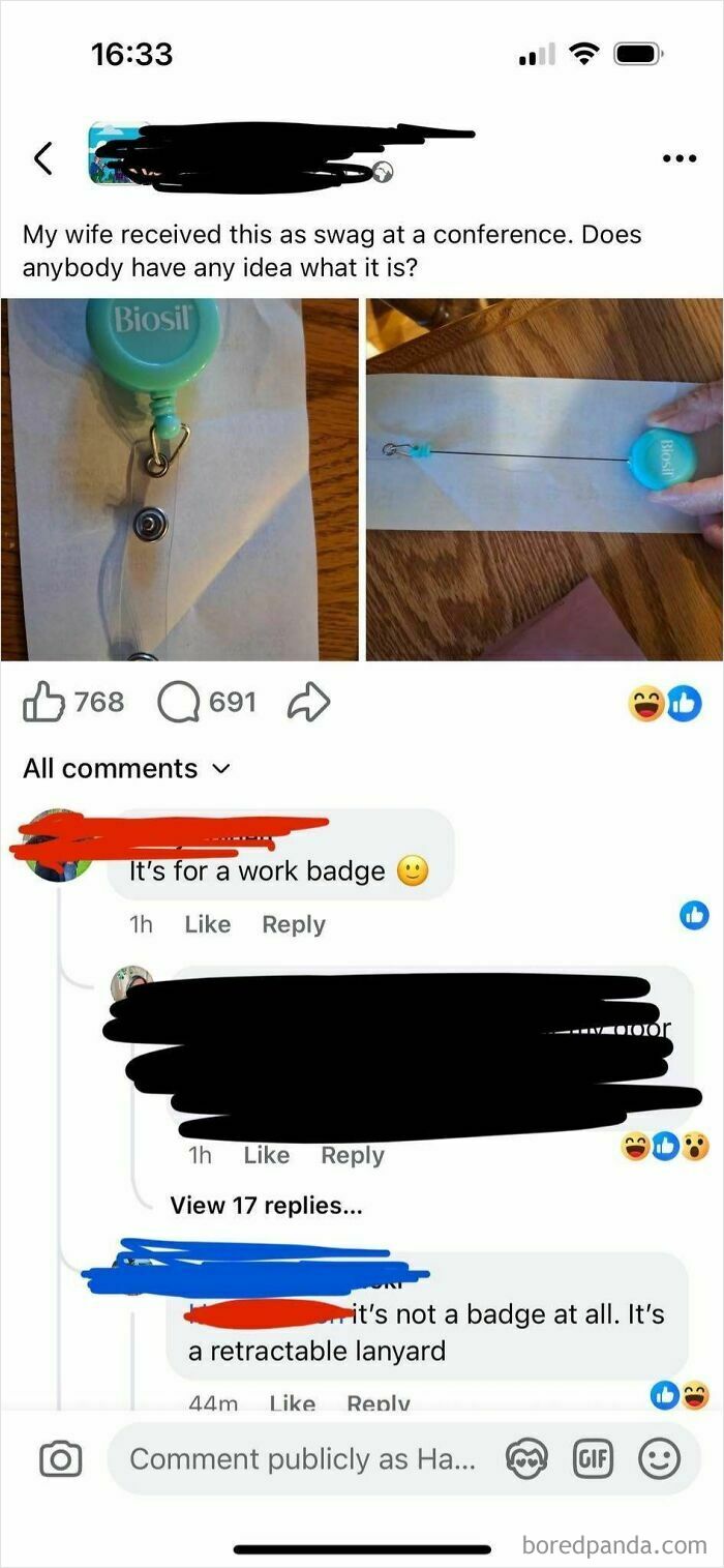 Facebook post showing a person asking what a Biosil retractable lanyard is, with users incorrectly guessing, leading to iconic self-burns.