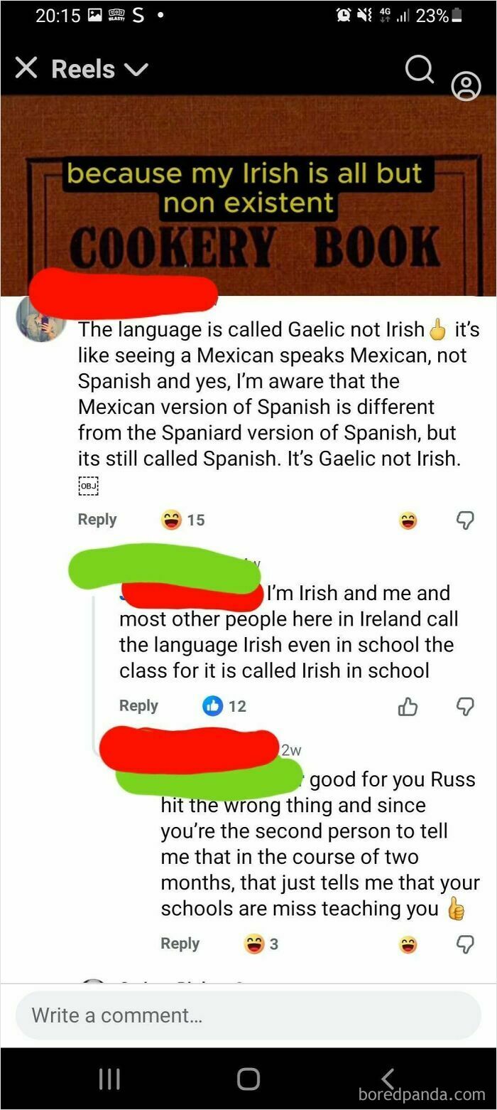 An iconic self-burn conversation on social media about the Irish language, with users debating if it's called Gaelic or Irish.