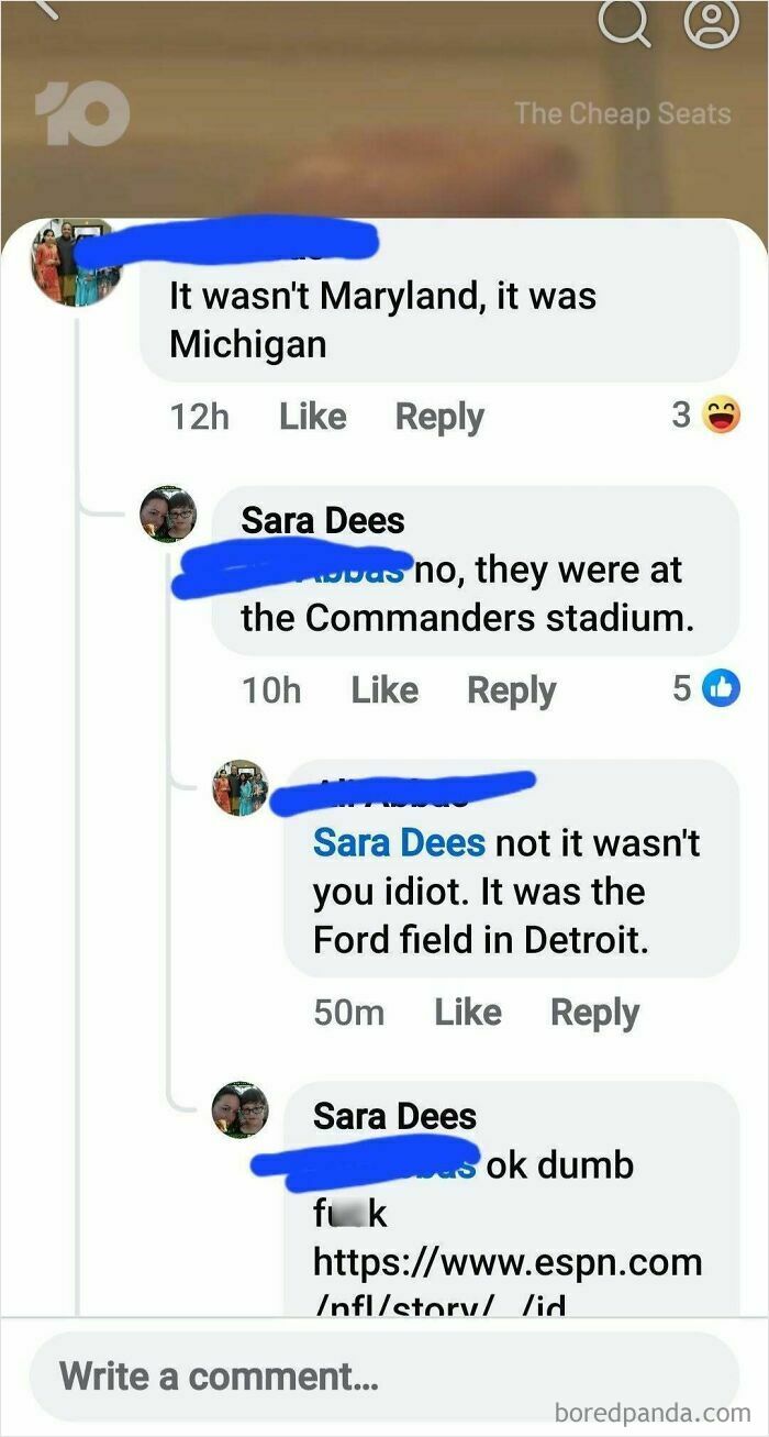A social media screenshot capturing an iconic self-burn where users argue about the location of a sports stadium and the correct team.