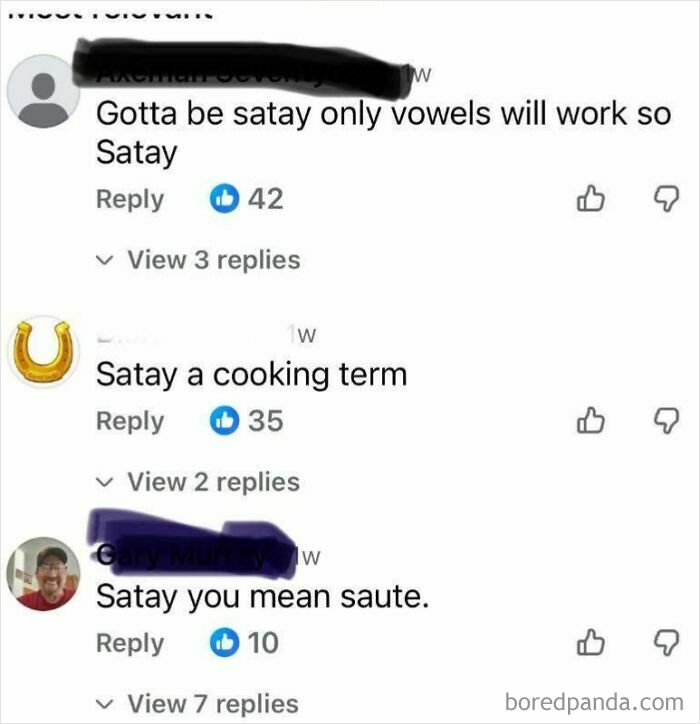 A series of comments showing an iconic self-burn, as users try to correct Satay to Saute.