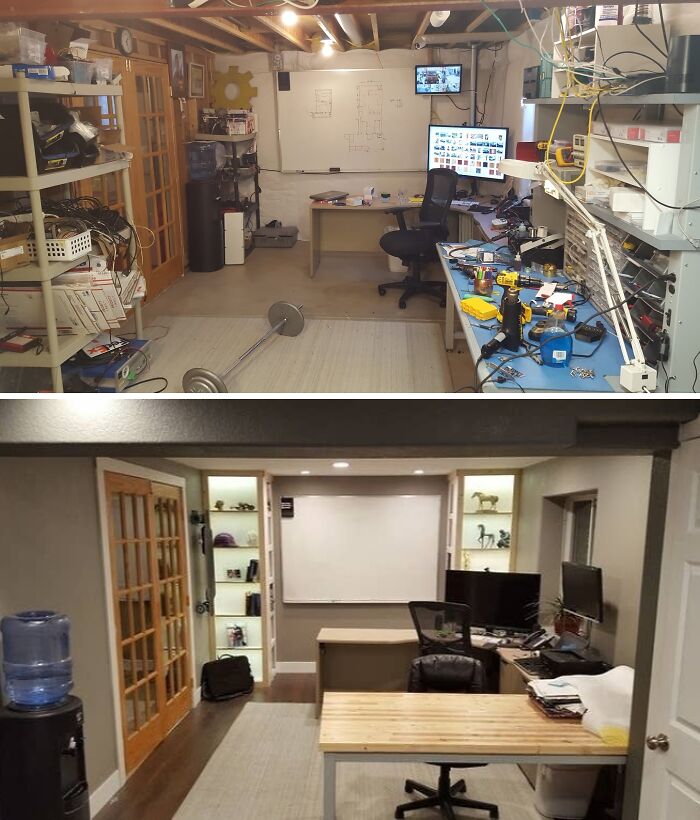 Before and after photo of a basement office home renovation, inspiring an organized and productive redo.
