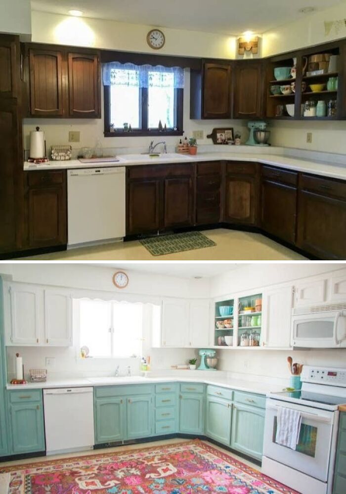 Before and after photo of a kitchen home renovation, inspiring a bright and inviting redo.